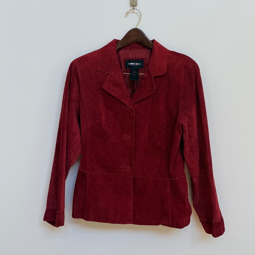 Vintage Brandon Thomas Garnet Cranberry Suede Leather Blazer XL Y2K - Picture 2 of 7